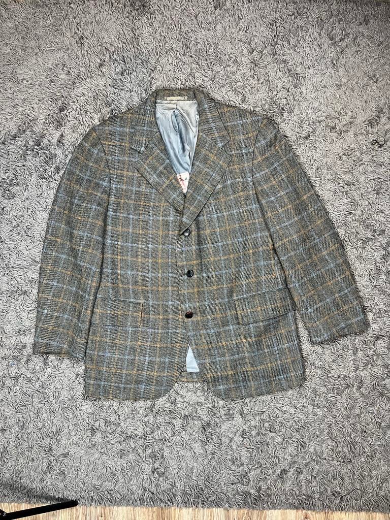 Vintage Harris Tweed Jacket 80s Grey blue Orange, Ophalen of Verzenden, Gedragen, Maat 52/54 (L), Grijs