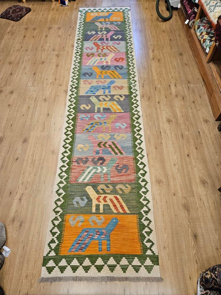Handgeweven oosterse wollen kelim loper 385x84, Info@SlatsAntiek.nl, Crème, Vof Slats Antiek, Kelim