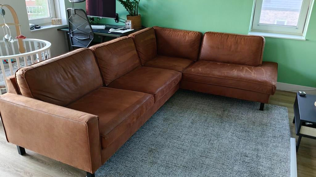 Cognac kleurige hoekbank, Ophalen, Gebruikt, Hoekbank, Leer
