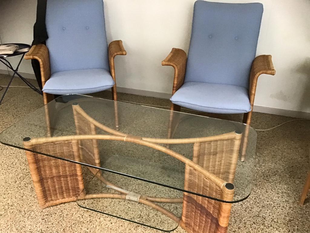 Rotan stoelen set met glazen salontafel voor serre/tuinkamer, Ophalen, Gebruikt, Overige kleuren, Riet of Rotan