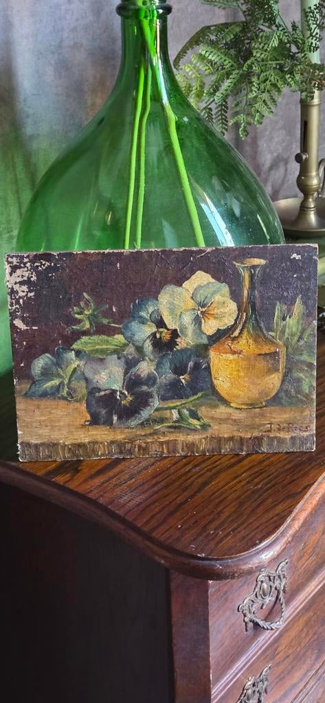 Oud antiek brocante paneel paneeltje stilleven viooltjes !, Ophalen of Verzenden