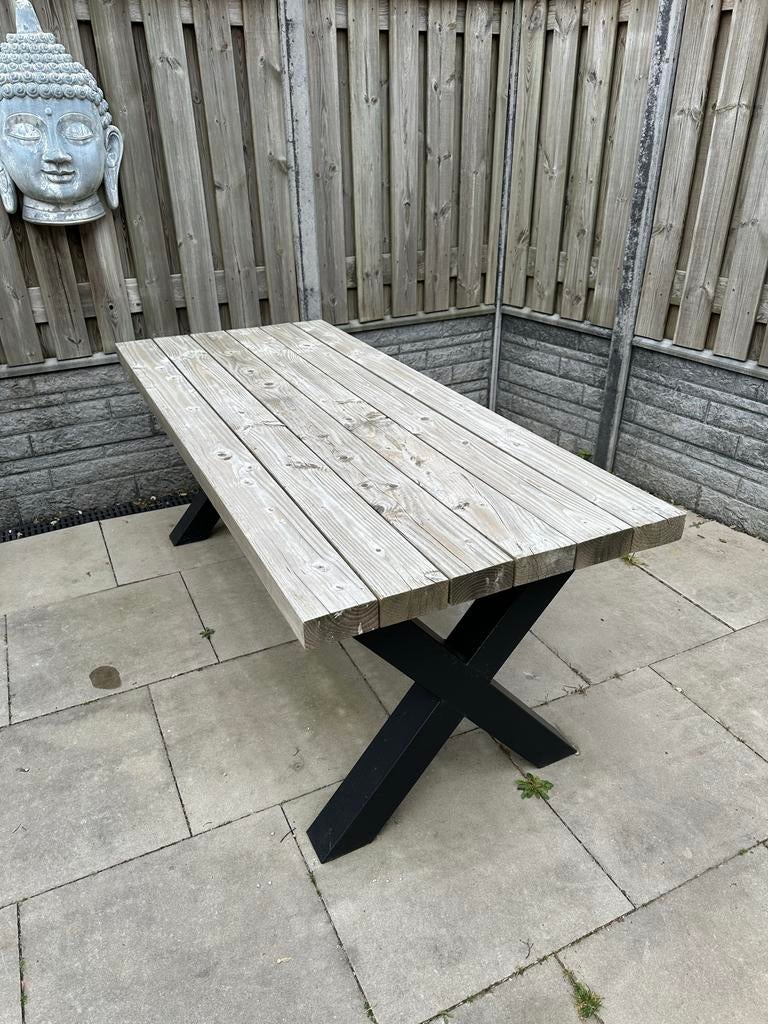 Stoere tuintafel met ijzeren onderstel, Tuin en Terras, Tuintafels, Ophalen, Gebruikt, Rechthoekig, Hout