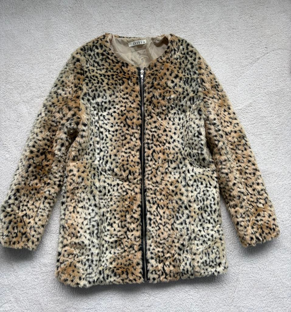 Tijgerprint jas, gevoerd, nepbont, gouden rits, maat M/38., Ophalen of Verzenden, Zo goed als nieuw, Maat 38/40 (M), Bruin