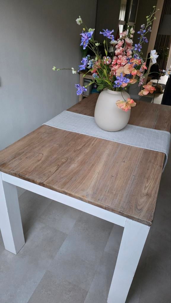Robuuste Teak houten eettafel met wit onderstel | Landelijk, Teakhout, Vijf personen of meer, 150 tot 200 cm, Rechthoekig
