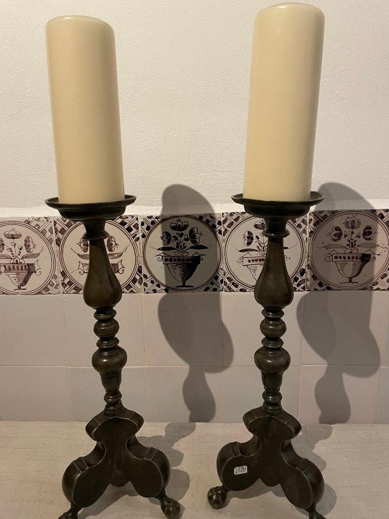 antieke tinnen kandelaars penkandelaars kerkkandelaar, Antiek en Kunst, Ophalen of Verzenden