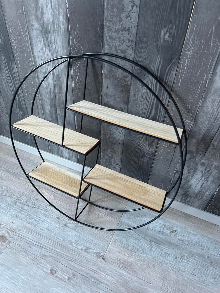 Rond industrieel wandrek met houten plankjes, Huis en Inrichting, Woonaccessoires | Wandplanken en Boekenplanken, Ophalen, Zo goed als nieuw