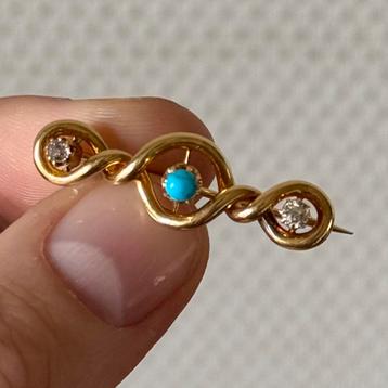 Antieke 14 Karaat Geelgouden Broche Turkoois en Diamanten beschikbaar voor biedingen