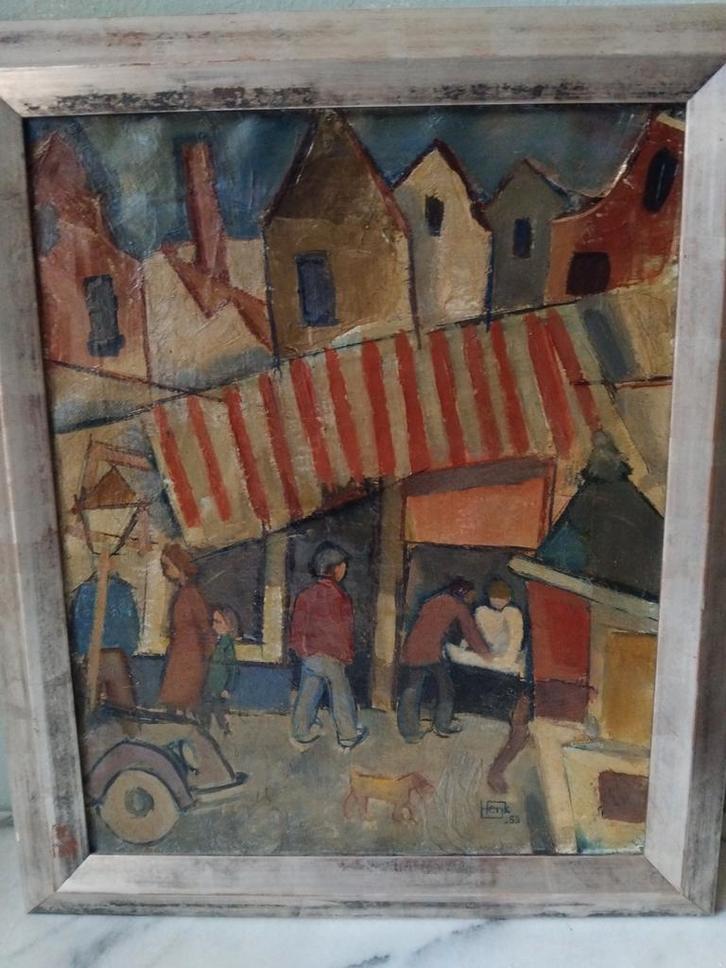 Schilderij: Marktscène Amsterdam Jordaan ..Henk _53, Antiek en Kunst, Kunst | Schilderijen | Klassiek, Ophalen of Verzenden