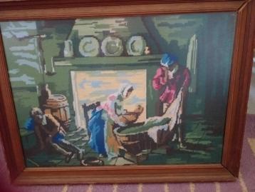 borduren schilderij glas bruine lijst groot beschikbaar voor biedingen