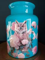 Blauw glazen vaas met uilen en rozen, Blauw, Ophalen of Verzenden, Minder dan 50 cm, Glas