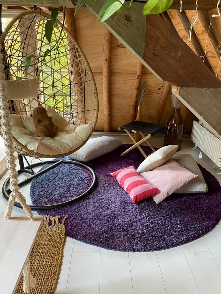 Rond vloerkleed – hoogpolig paars (200 cm), Huis en Inrichting, Stoffering | Tapijten en Kleden, Zo goed als nieuw, 200 cm of meer