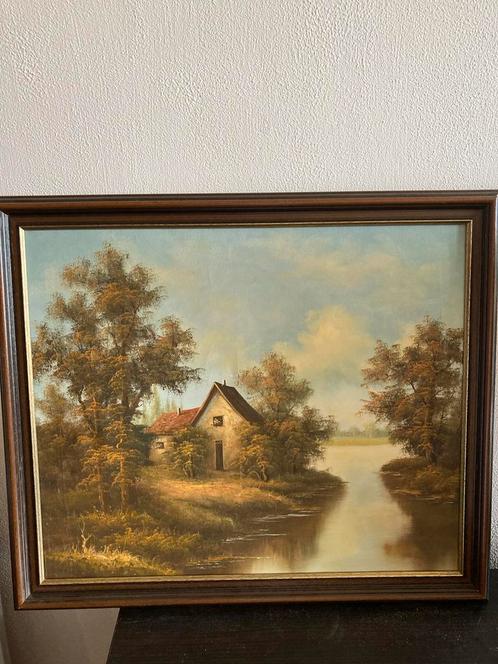 Klassiek Landschap met Huis aan het Water, Gesigneerd, Antiek en Kunst, Kunst | Schilderijen | Klassiek, Ophalen of Verzenden