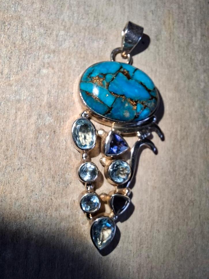 Sterling zilveren ketting hanger edelstenen turkoois tanzani, Sieraden, Tassen en Uiterlijk, Kettinghangers, Zo goed als nieuw