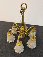 Antieke kroonluchter met glazen bloemlampen, Huis en Inrichting, Lampen | Kroonluchters, Ophalen of Verzenden, Gebruikt, Glas