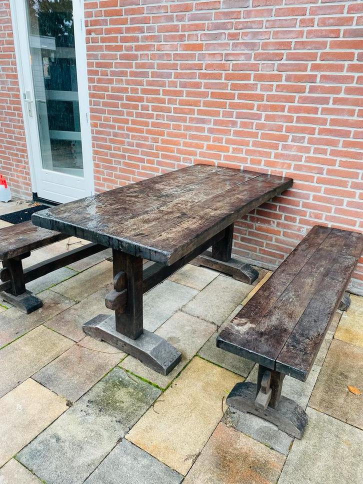 Robuuste Eiken Picknicktafel met Banken, Huis en Inrichting, Tafels | Eettafels, Gebruikt, 100 tot 150 cm, 150 tot 200 cm, Vijf personen of meer