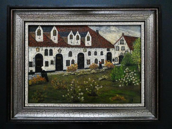 Schilderij van een Begijnhof afkomstig uit België gesign. JR, Antiek en Kunst, Kunst | Schilderijen | Klassiek, Ophalen of Verzenden
