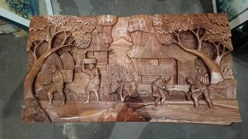 Indonesisch houtsnijwerk – rijstveld met werkers, 3D reliëf beschikbaar voor biedingen