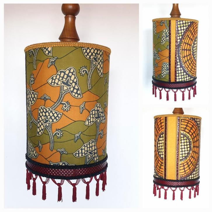 Hanglamp leer vintage Afrikaanse stof franje fluweel, Huis en Inrichting, Lampen | Hanglampen, Zo goed als nieuw, Minder dan 50 cm