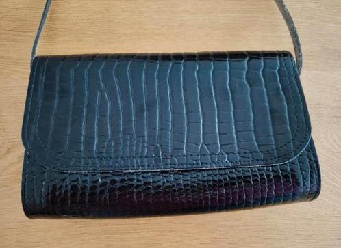 Vintage zwartleren schoudertasje, reptielenprint, 21x20x4 cm, Sieraden, Tassen en Uiterlijk, Tassen | Schoudertassen, Gebruikt