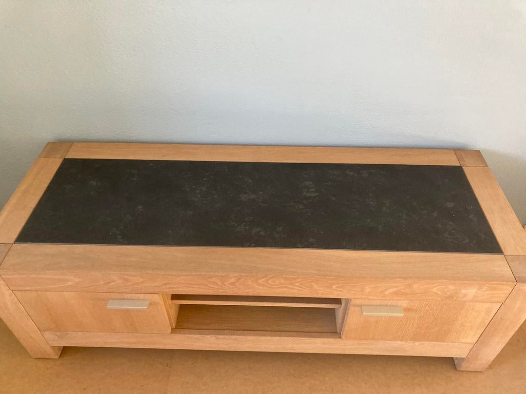 TV meubel lichteiken met leisteen inleg, Ophalen, Zo goed als nieuw, 25 tot 50 cm
