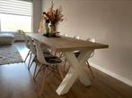 Houten tafel met stalen poten + 4 kuipstoelen, Ophalen, 200 cm of meer, 50 tot 100 cm, Vijf personen of meer