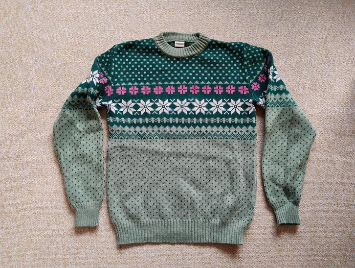 Groene trui met Noorse,beige,roze motieven,acryl maat 36/38, Kleding | Dames, Truien en Vesten, Zo goed als nieuw, Maat 36 (S)