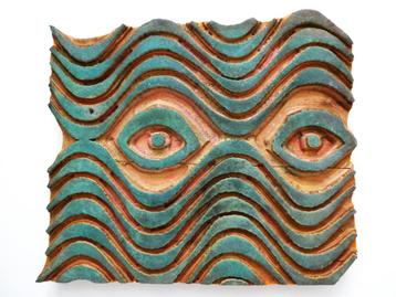 Grote houten batik stempel/ sjabloom kijkende ogen turquoise beschikbaar voor biedingen