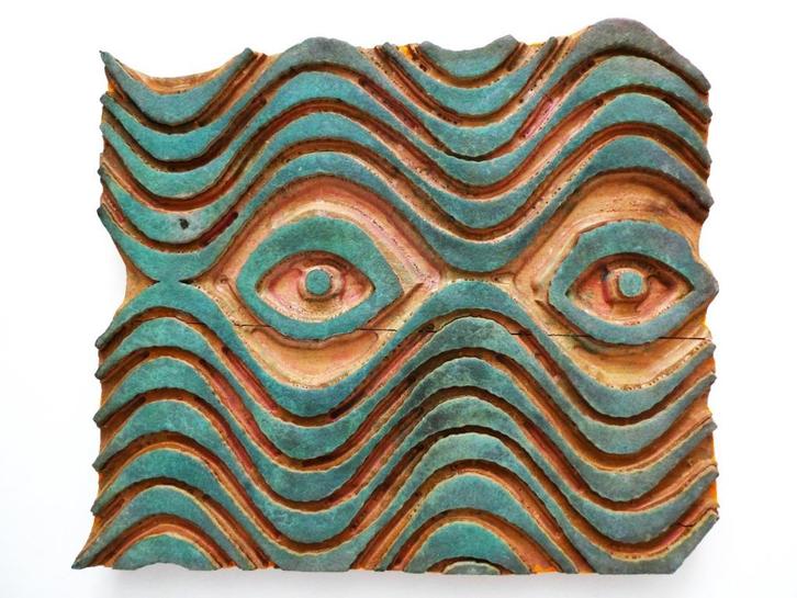 Grote houten batik stempel/ sjabloom kijkende ogen turquoise, Antiek en Kunst, Curiosa en Brocante, Ophalen of Verzenden