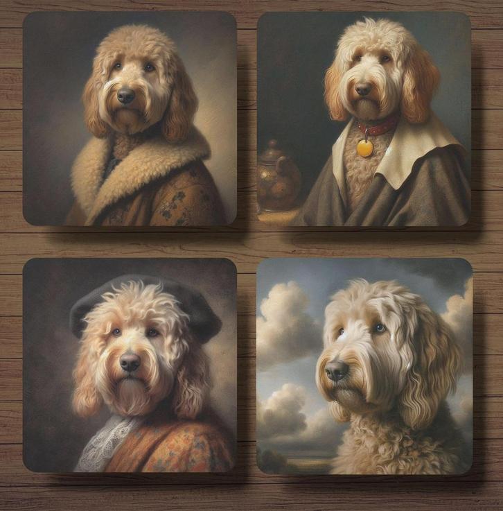 Labradoodle Rembrandt stijl onderzetters met houder, Huis en Inrichting, Woonaccessoires | Onderzetters, Nieuw, Glas of Kopje