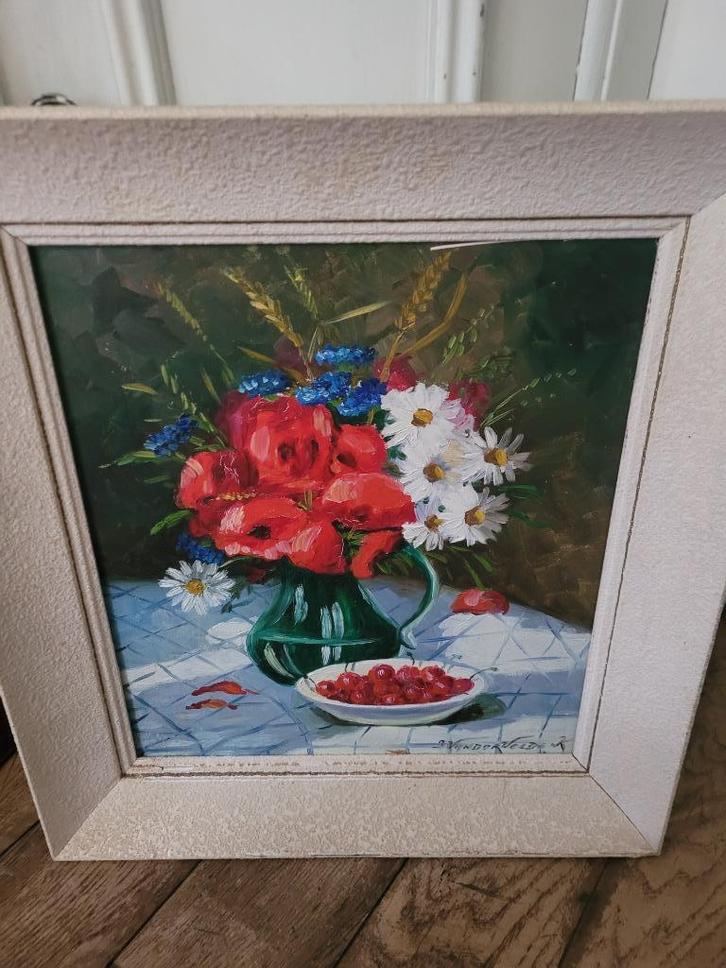 Vintage olieverf schilderij veldboeket gesigneerd, Antiek en Kunst, Curiosa en Brocante, Ophalen of Verzenden