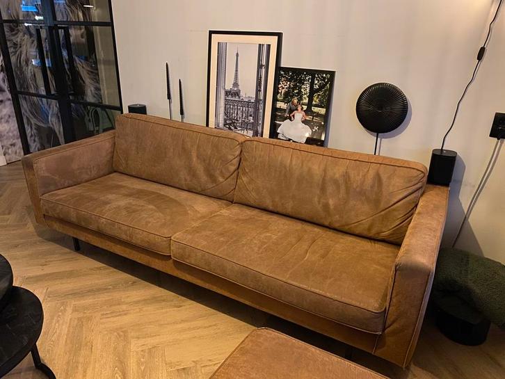 Gratis Woood cognac bank en hocker., Huis en Inrichting, Banken | Bankstellen, Gebruikt, Rechte bank, Driepersoons, 200 tot 250 cm