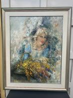 Olieverf Dame met een mand met bloemen, gesigneerd, Ophalen