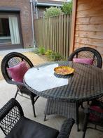 Ronde glazen tuintafel met 4 rotan stoelen, Ophalen, Gebruikt, Rond, Overige materialen