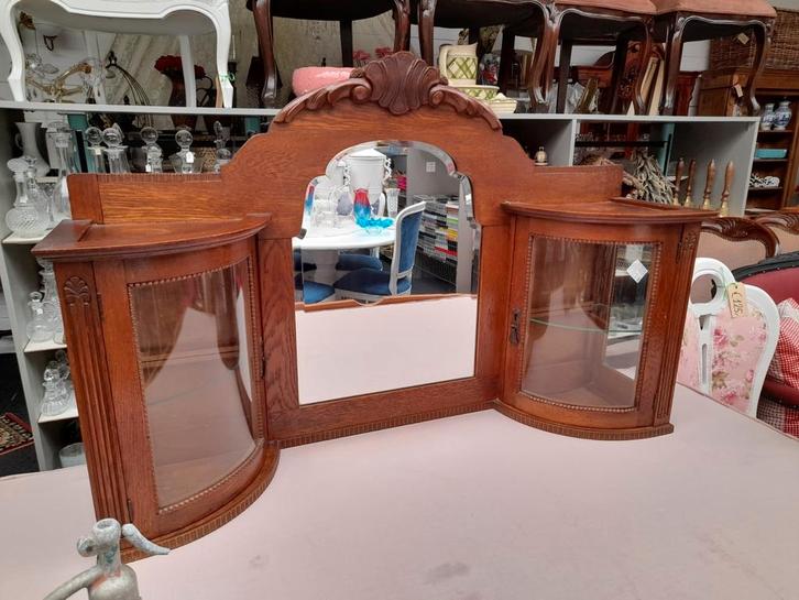 Antieke wand of opzet kast met spiegel en glas deuren, Huis en Inrichting, Kasten | Buffetkasten, Zo goed als nieuw, Minder dan 100 cm