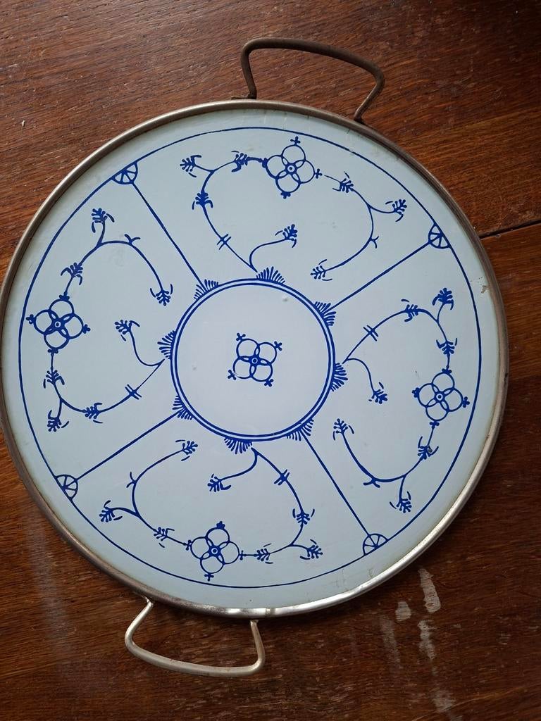 Vintage Dienblad met Delfts Blauw Motief, Ophalen of Verzenden, Gebruikt, Rond, Metaal