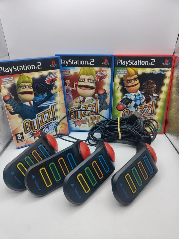 Buzz! PS2 Games + Buzzers, Spelcomputers en Games, Games | Sony PlayStation 2, Gebruikt, Puzzel en Educatief, 3 spelers of meer