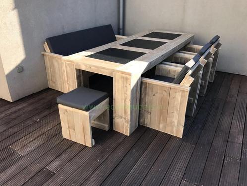 Steigerhout Tuinset Tuintafel MAATWERK, Tuin en Terras, Tuinsets en Loungesets, Nieuw, Tuinset, Steigerhout, 6 zitplaatsen, Bank