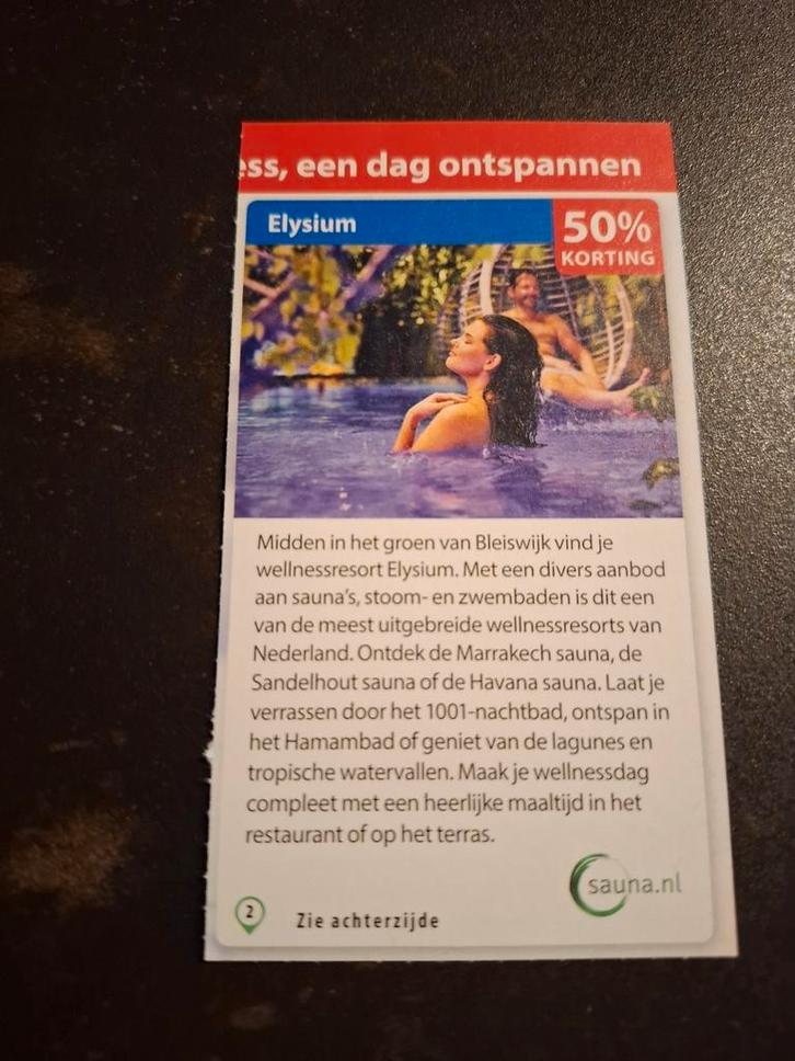Elysium 50% korting, Tickets en Kaartjes, Kortingen en Cadeaubonnen, Drie personen of meer, Spa of Sauna, Kortingsbon