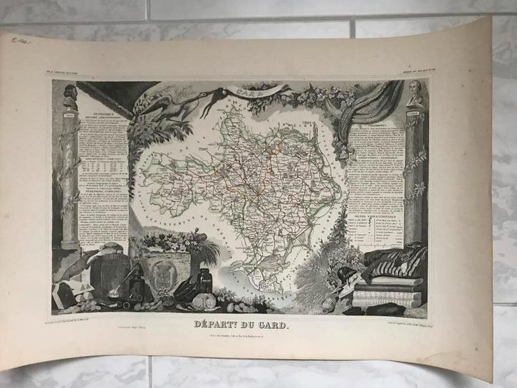 Geïllustreerde kaart van het departement Gard 1852, 42x26cm., Antiek en Kunst, Kunst | Etsen en Gravures, Ophalen of Verzenden