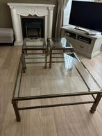 Glazen salontafel met messing rand + 2 bijzettafels, Ophalen, Gebruikt, 100 tot 150 cm, Vierkant