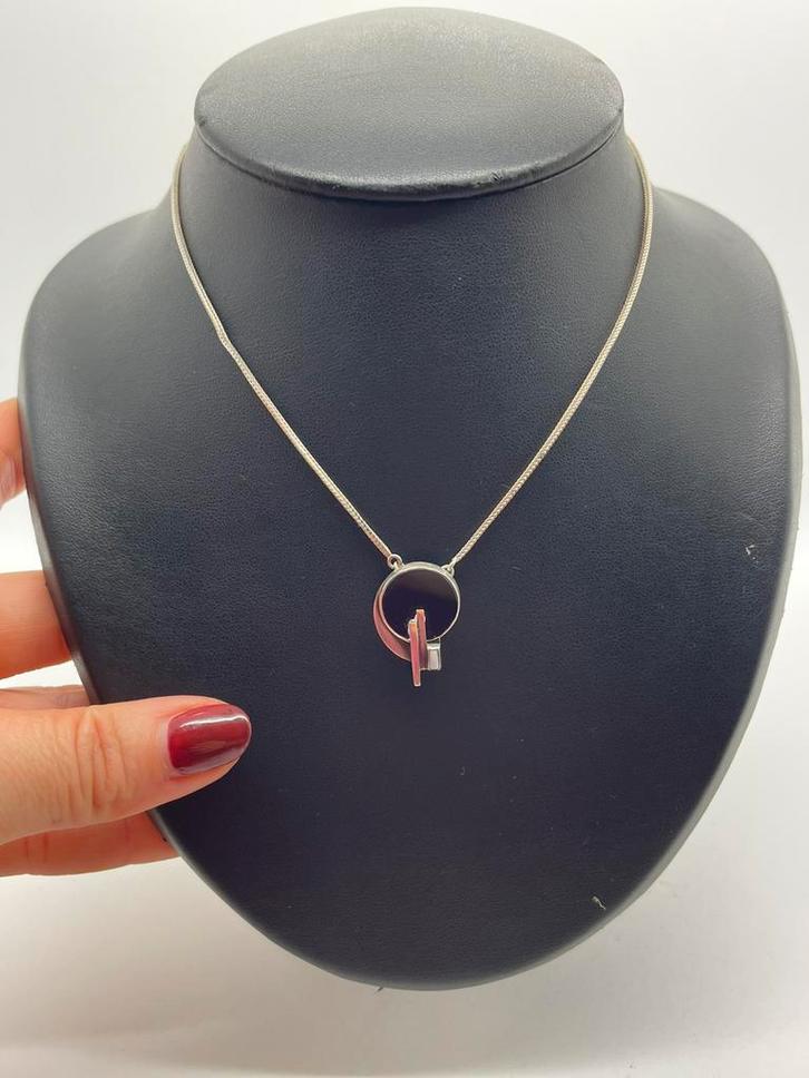 Z626 Prachtige zilveren ketting modernist hanger opaal onyx, Sieraden, Tassen en Uiterlijk, Kettingen, Zilver, Zilver, Met edelsteen