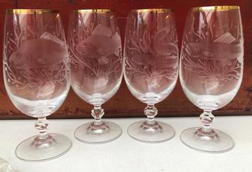 4 geëtste kristalen glazen  - 4 diverse Vis afbeelding beschikbaar voor biedingen