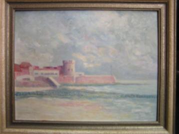 Haven met pier en toren, olieverf in pastelkleuren.  beschikbaar voor biedingen