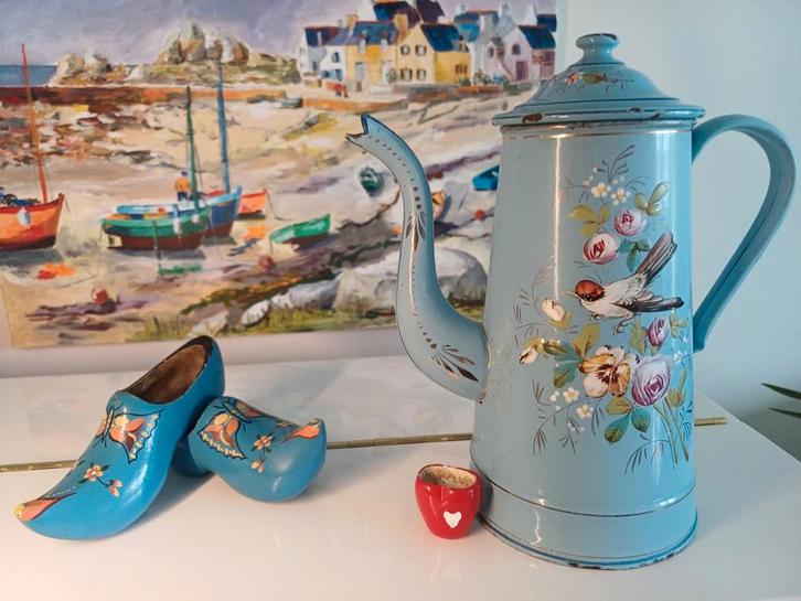 Blauwe Franse Emaille Koffiepot met Bloemen & Putter, Antiek en Kunst, Antiek | Emaille, Ophalen of Verzenden