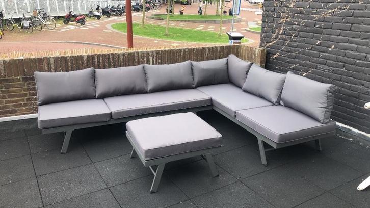 Tuinset, Tuin en Terras, Tuinsets en Loungesets, Gebruikt, Loungeset, Aluminium, 6 zitplaatsen, Bank, Bijzettafel, Hocker, Stoel