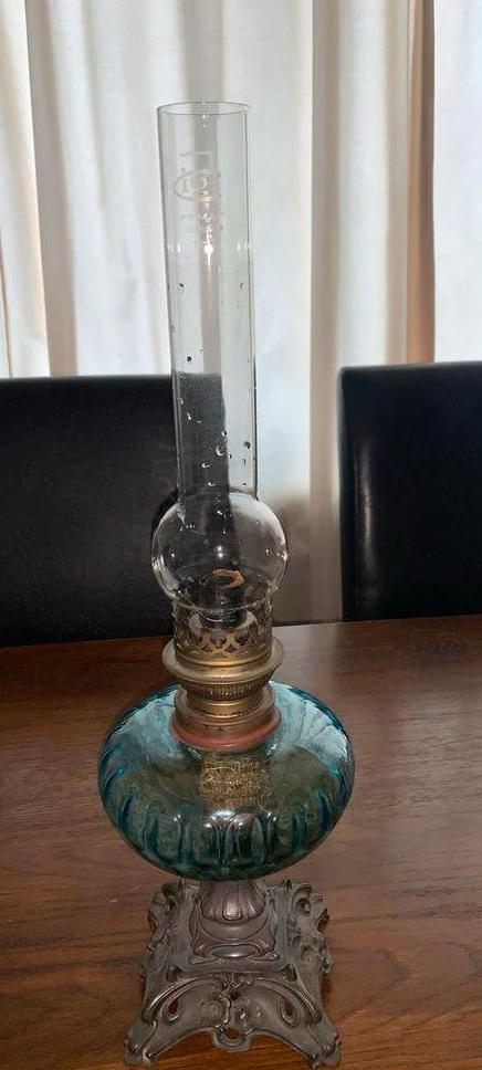 Antieke AIG PRIMA Olielamp Blauw Glas, Antiek en Kunst, Antiek | Lampen, Ophalen of Verzenden
