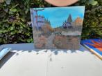 mooie geschilderde schilderij met bergen en bomen, Minder dan 50 cm, Gebruikt, Ophalen of Verzenden, Schilderij