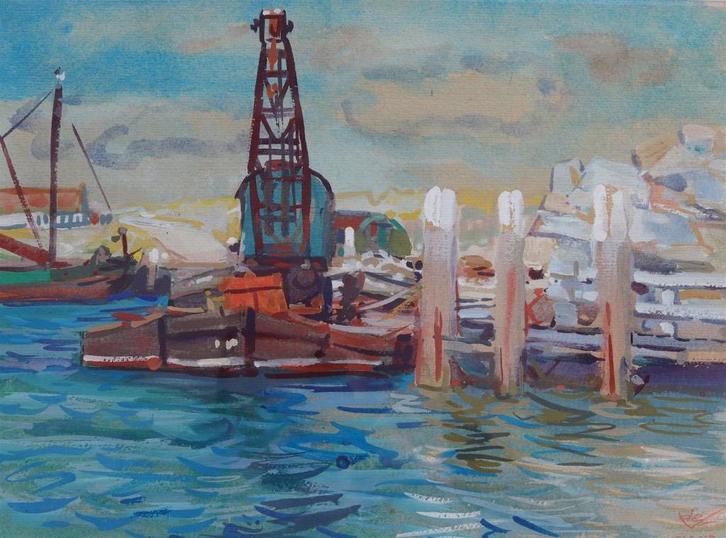 Jannes de Vries, gezicht op de haven te Vlieland, Antiek en Kunst, Kunst | Schilderijen | Klassiek, Ophalen of Verzenden