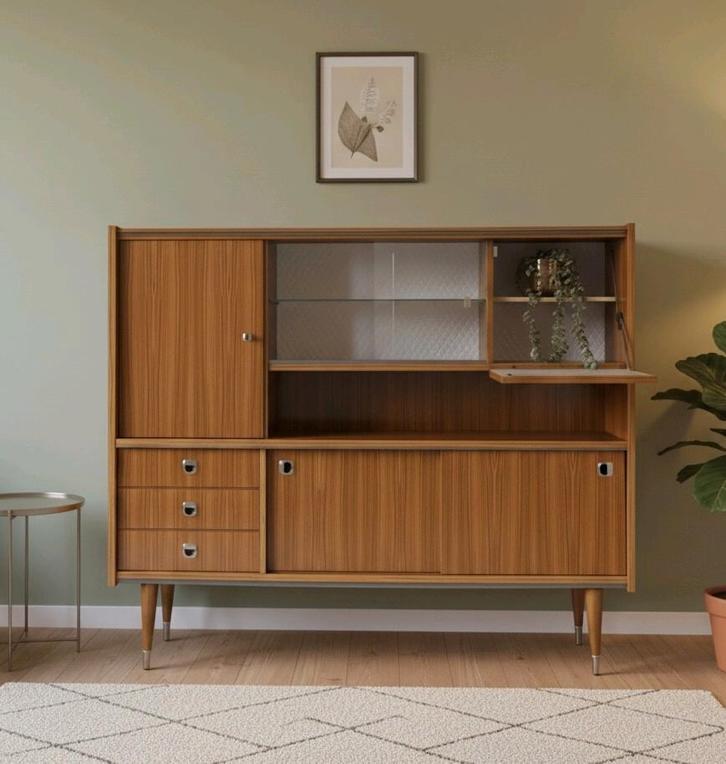 Mid-Century Teak Highboard Berner Huwil '60 vintage kast, Antiek en Kunst, Curiosa en Brocante, Ophalen of Verzenden