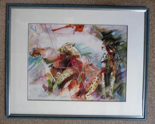 P. Sengers - Cheeta's 1995 - Aquarel achter glas, Antiek en Kunst, Kunst | Schilderijen | Modern, Ophalen of Verzenden